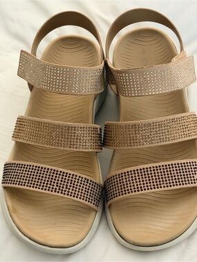 Spring Step Nude/Tan Rhinestone Triple-Strap Sandals